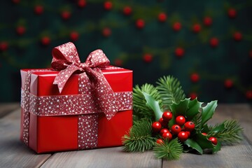 Fototapeta na wymiar small holiday gift box next to sprig of holly on white background