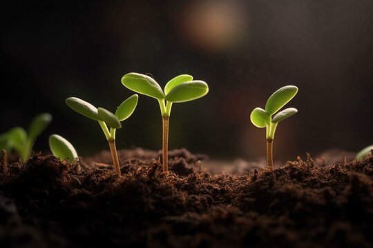 Closeup of sprouting seedlings in soil - stages of growth, bright lighting, blurred backdrop. Generative AI