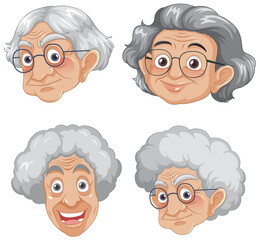 Obraz premium Smiling Cartoon Set of an Old Grandmother Wearing Glasses