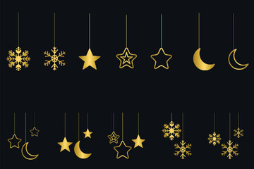 Set of golden hanging festive decoration, gold hanging decorative items