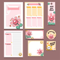 Cute Pastel Pop Happy Daisy Bloom Notebook Template Design with Book Mark, Sticker and Sticker Note