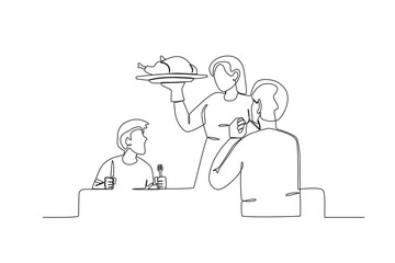 Families gather to celebrate Thanksgiving. Thanksgiving one-line drawing