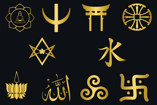 Set of golden religious symbols, collection of gold religious symbols