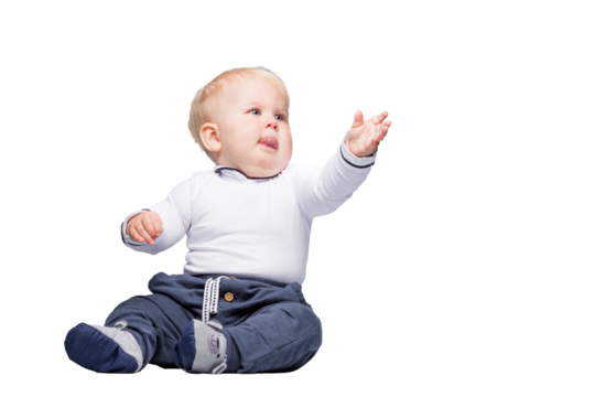 Toddler, a boy reaching his hand. Isolated on transparent white background