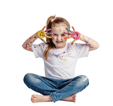 Naklejki Happy girl, a creative child playing with paint, isolated on transparent white background