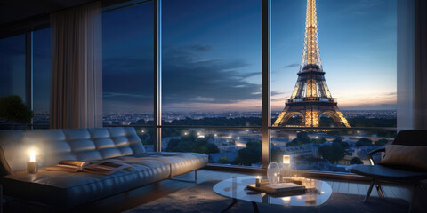 Luxury Apartment View Of The Eiffel Tower, Brought To Life Through Generative Art . Сoncept Luxury...