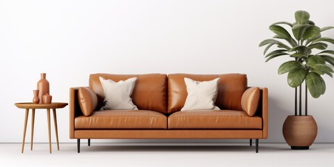 Living Room Wall Mockup Featuring A Leather Sofa And Decor Against A White Backdrop
