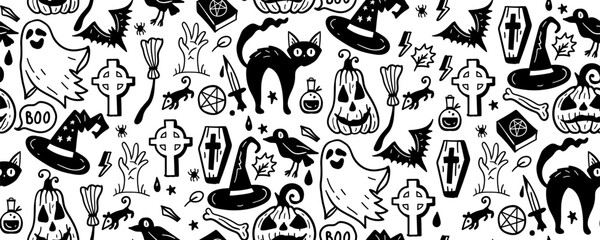 Monochrome seamless pattern of cute Halloween hand drawn doodle. Black and white background with Cat, pumpkin, bat, leaves, stars, witch, ghost, hat, monster, potion, grave, tombstone.