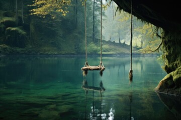 a rope swing hanging over a clear pond