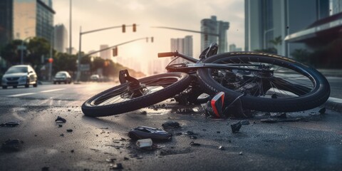 Bicycle Crash On The Road, Showcasing A Dramatic Incident With A Broken Bike And Helmet Banner With City Background, Generative Image . Сoncept Bicycle Accidents, Dramatic Incidents, Broken Bikes - obrazy, fototapety, plakaty