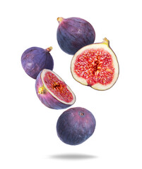 Whole and sliced ripe figs close up in the air on a transparent background