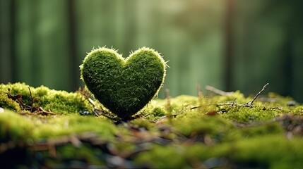 Heart shaped wooden craft moss in rain forest blurry background