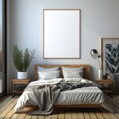 Blank picture frame mockup with luxury bed on bed room. Generative AI