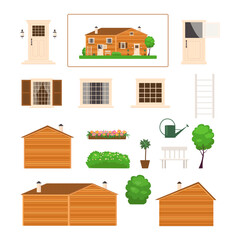 Clipart of farmhouse exterior with elements. Rural house concept. Vector illustration. Cartoon flat style