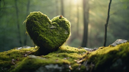 Heart shaped wooden craft moss in rain forest blurry background