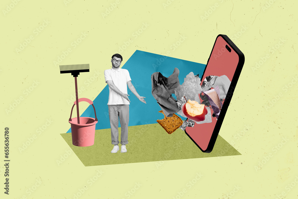 Poster collage 3d image of pinup pop retro sketch of confused young man hands point screen smartphone displ