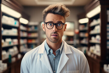Obraz premium Pharmacy, healthcare workers, insurance and hospitals concept. Shocked or excited male in glasses doctor in white scrubs, pharmacist open mouth, with shocked impressed emotional facial expression