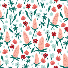Vector seamless pattern with hand drawn wild plants, herbs and flowers, colorful botanical illustration, floral elements, hand drawn repeating background. Wild meadow herbs, flowering flowers