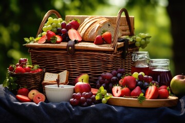 a picnic basket overflowing with fresh fruits and sandwiches