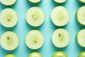 Fresh green apple slices on blue background. Minimal concept. Generative AI