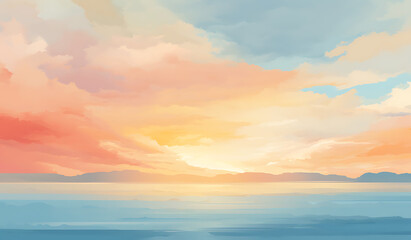 Fototapeta premium An enchanting gradient that transitions from warm, soft oranges and yellows at the horizon to soothing pastel blues high above that captures the serene beauty of a tranquil sunset or sunrise