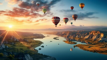 Obraz premium Hot air balloons drifting over a picturesque landscape