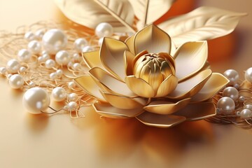 Abstract background with a 3D golden lotus, pearls, and leaf. Generative AI