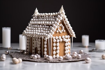 a minimalist gingerbread house with white icing and silver candy decor