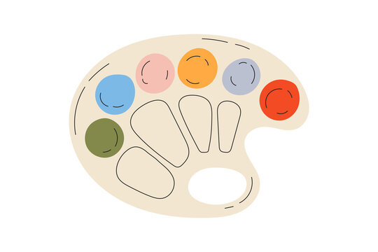 Artist's palette with paints of different colors. Top view of painter's tools isolated on white background. Palette with acrylic, gouache, watercolor paints. Hand drawn flat vector illustration