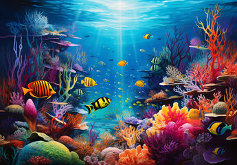 An underwater scene featuring vibrant coral reefs, exotic fish, and crystal-clear waters with colors that range from deep blues to vibrant teals and corals, creating a captivating aquatic world