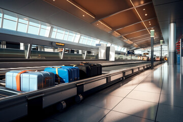 suitcases on airport luggage conveyor belt at airport baggage claim - obrazy, fototapety, plakaty