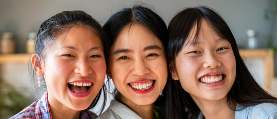 Fototapeta premium Happy beautiful chinese women friends bonding at home - Playful pretty asian female adults meeting and having fun at home, concepts about lifestyle, domestic life and friendship