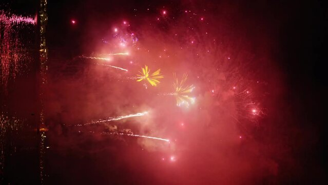 Fireworks at the Cannes Fireworks Festival at night, France, slow motion