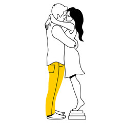 vector trend linear image of a cute couple of lovers kissing and hugging. guy kisses his girlfriend. tender hugs. useful for valentine's day cards, web, graphic design, print, booklets, brochures