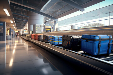 suitcases on airport luggage conveyor belt at airport baggage claim - obrazy, fototapety, plakaty