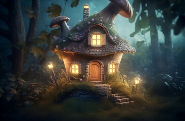 Fototapeta premium Fairy house on hill. Light gnome. Generate Ai
