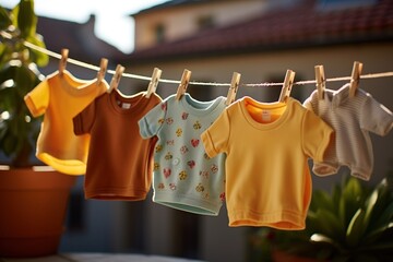 Baby clothes drying on washing line, generative ai