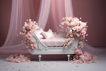 Elegant princess baby pink and white cot floral backdrop decorations