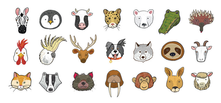 Funny animal heads vector illustrations set.