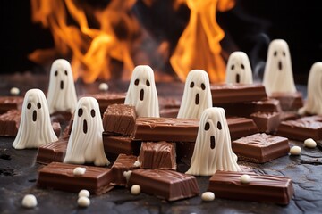mini chocolate bars among ghost-shaped marshmallows - obrazy, fototapety, plakaty