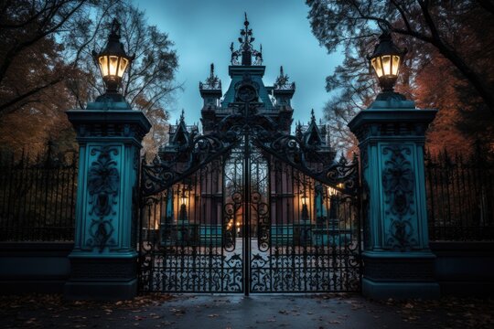 wrought iron gates of a haunted mansion