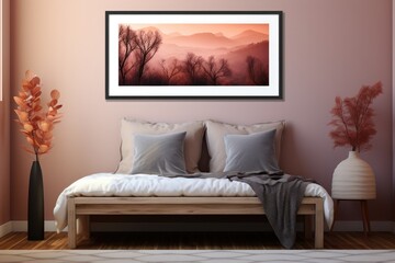 Blank picture frame mockup with luxury bed on bed room. Generative AI