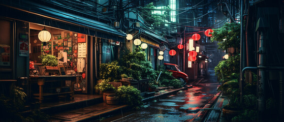 Tokyo at night Alley lo fi retro vibes - obrazy, fototapety, plakaty