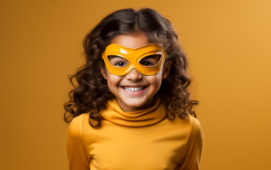 Cute child girl Dressed as a Superhero for Halloween, on yellow background with Space for Copy - obrazy, fototapety, plakaty