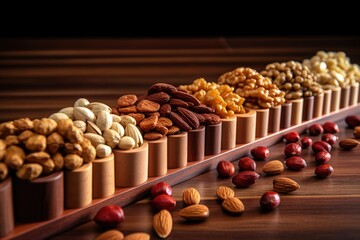 a row of different sort of nuts on a wooden table
