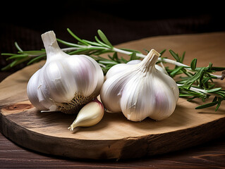 fresh garlic with white peel and rosemary sprigs on a wooden cutting board
