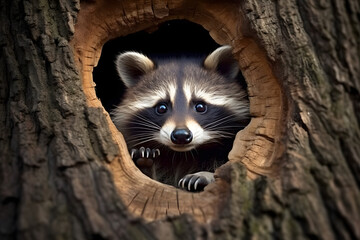 Raccoon is in a tree hole photography style Made with Generative AI - obrazy, fototapety, plakaty