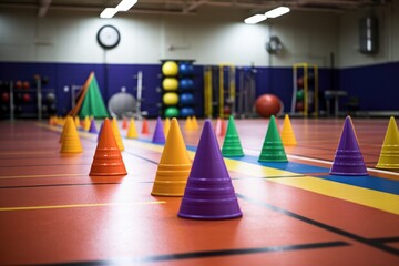gym floor marked with vibrant agility cones for interval training
