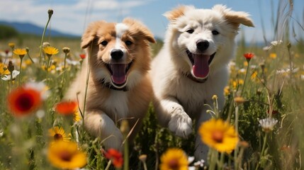 Playful puppies frolicking in a field of wildflowers