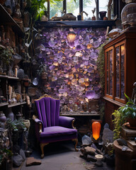 Mysterious luxury purple office room with decorative wall
